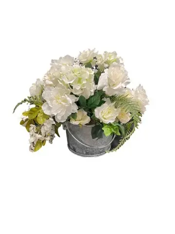 White Floral Arrangement with Metal Bucket
